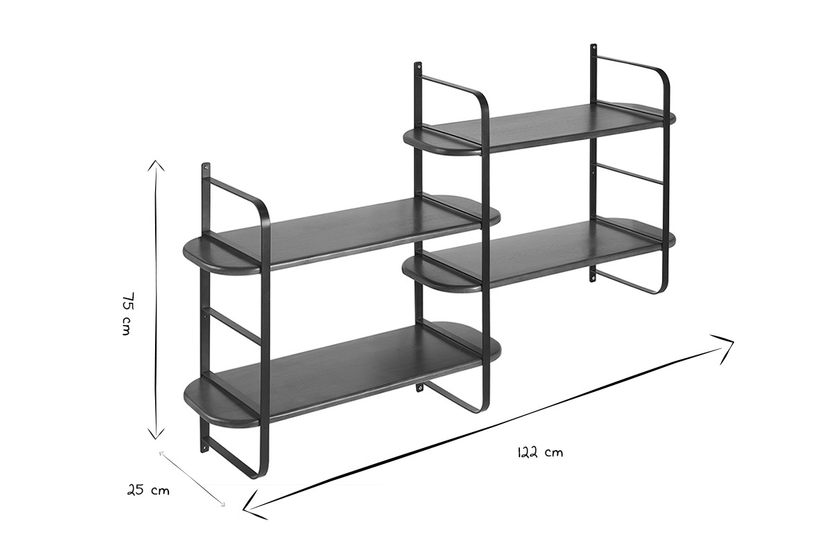 Dimensioni della mensola da parete AKINA in nero e bianco: L122 cm, P25 cm, H75 cm.