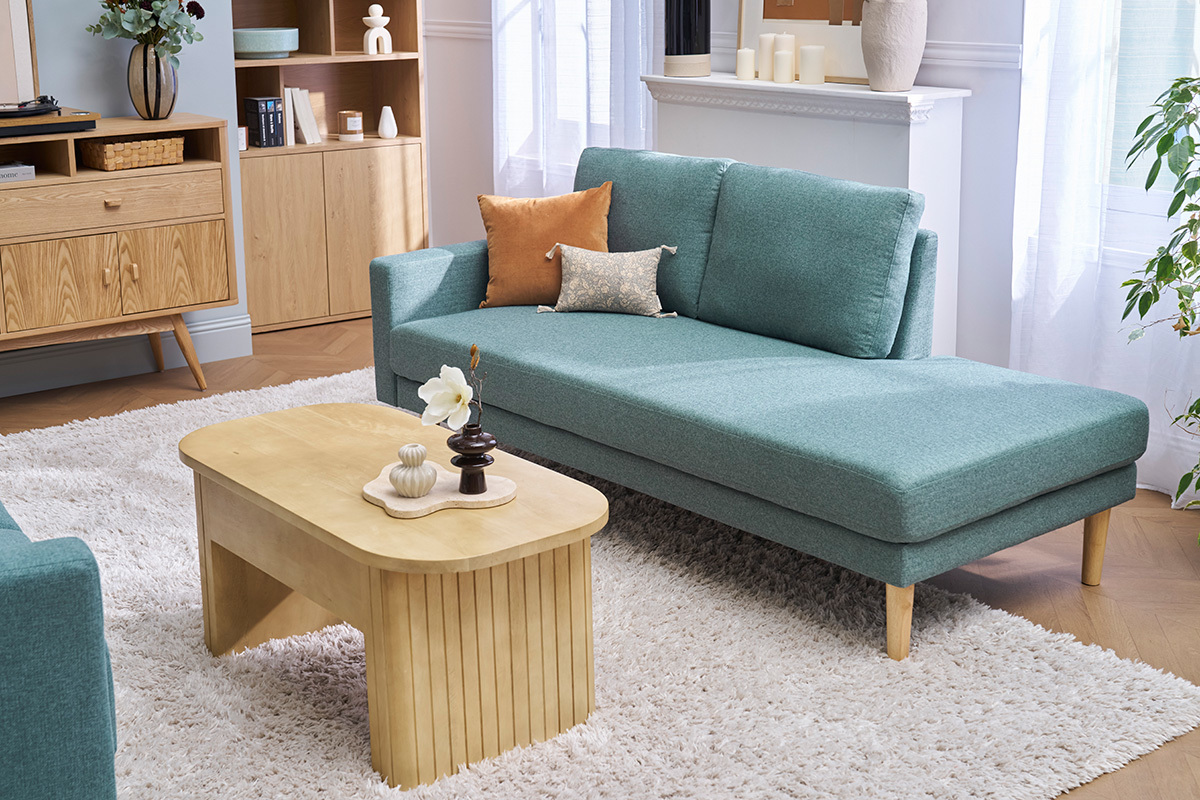 Meridiana scandinava in tessuto grigio-verde e legno massello chiaro L190 cm BERTILLE