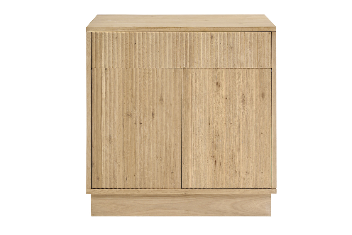 Mobile da bagno in legno massello di rovere, vista frontale con cassetto e ante scanalate.