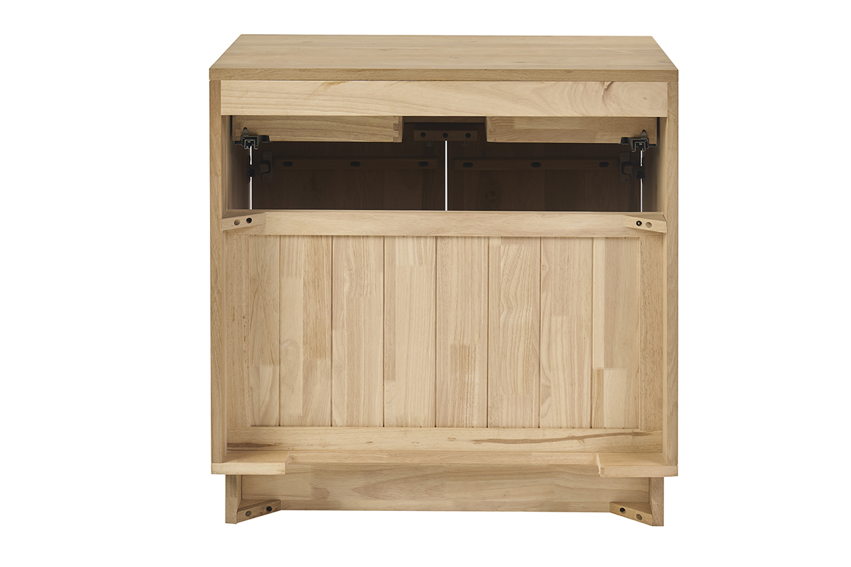 Mobile da bagno in legno massello di quercia, vista posteriore con cassetto e ante aperte