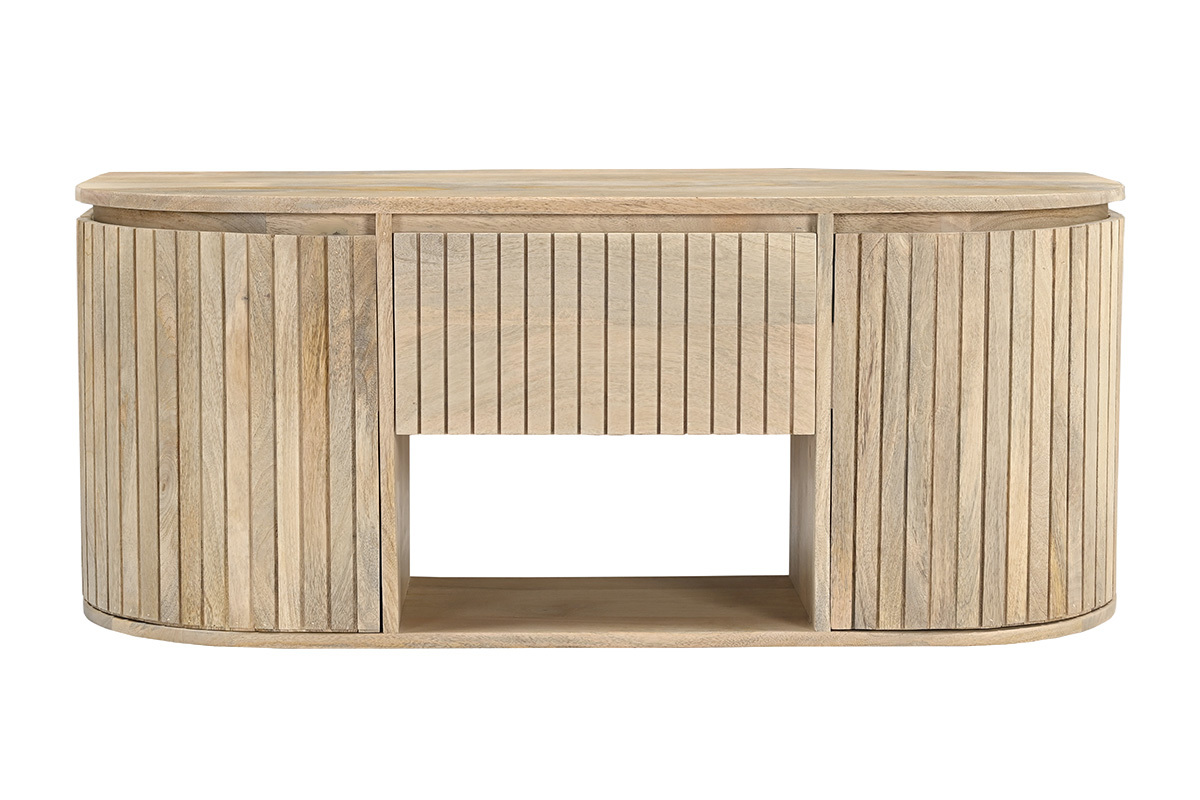 Mobile da bagno sospeso in legno massello di mango, vista frontale, con frontale scanalato e cassetto centrale.