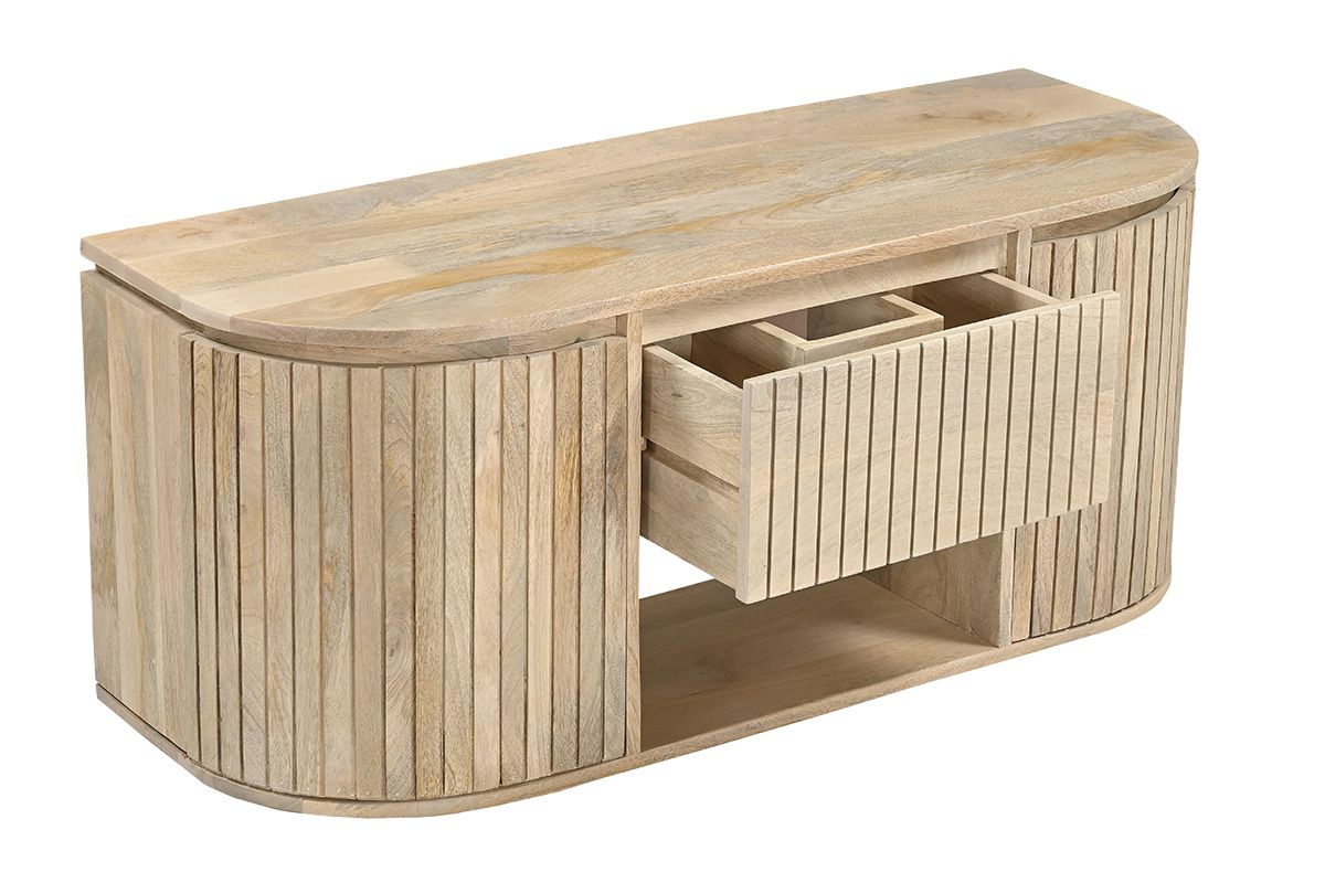 Mobile da bagno sospeso in legno massello di mango, vista 3/4 con cassetto aperto