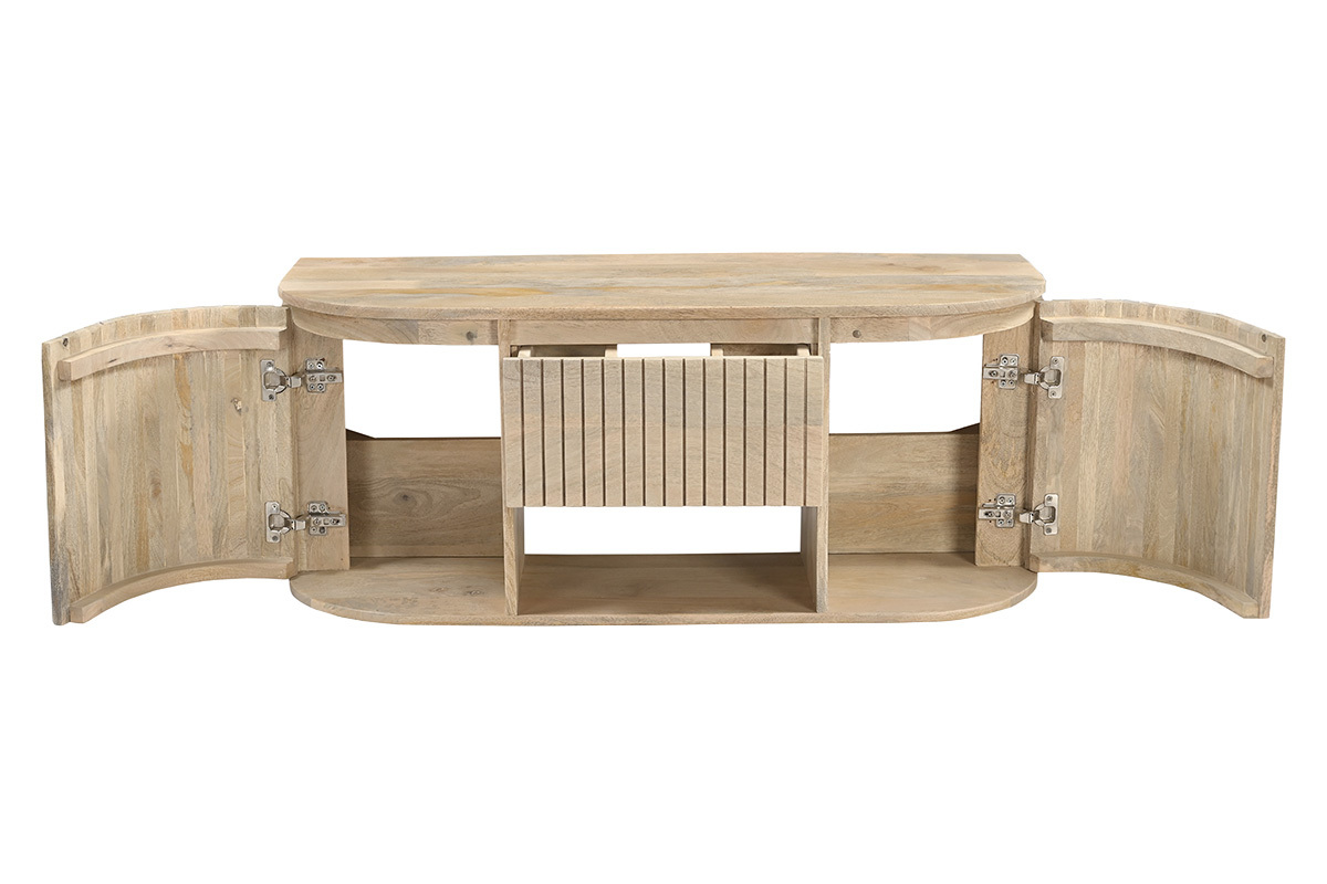Mobile da bagno sospeso in legno massello di mango L110 cm, aperto con cassetto centrale visibile.