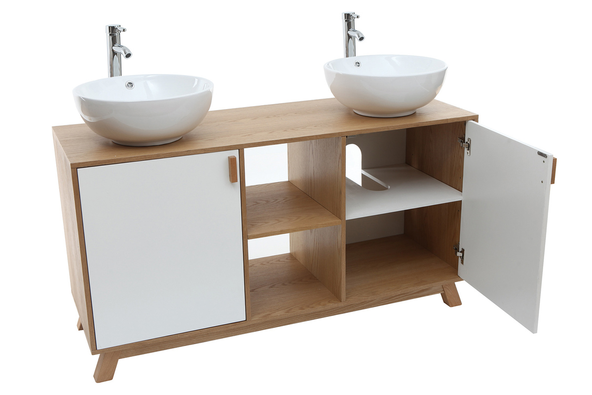 Mobile da bagno: 2 lavabi 2 porte Quercia chiaro e Bianco TOTEM