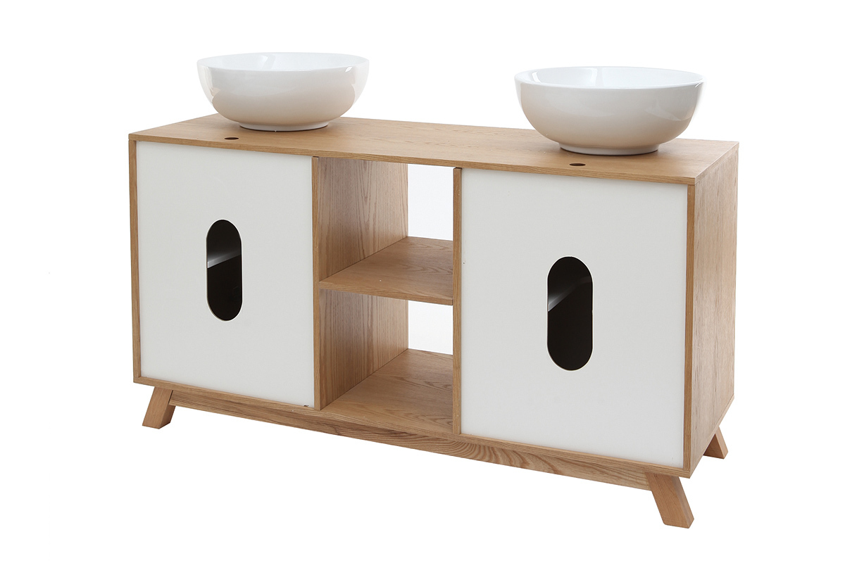 Mobile da bagno: 2 lavabi 2 porte Quercia chiaro e Bianco TOTEM