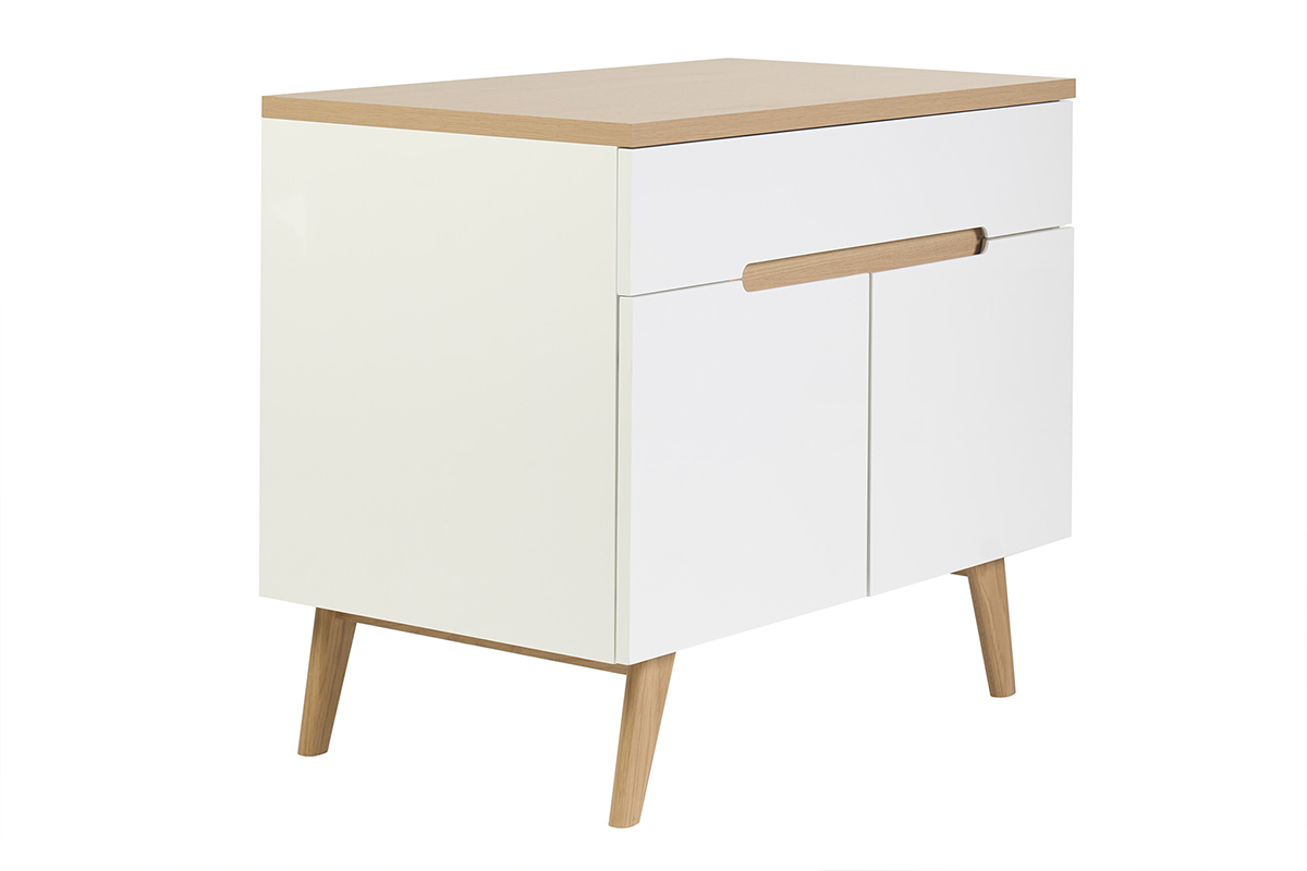Mobile da bagno bianco laccato e legno chiaro, vista a tre quarti