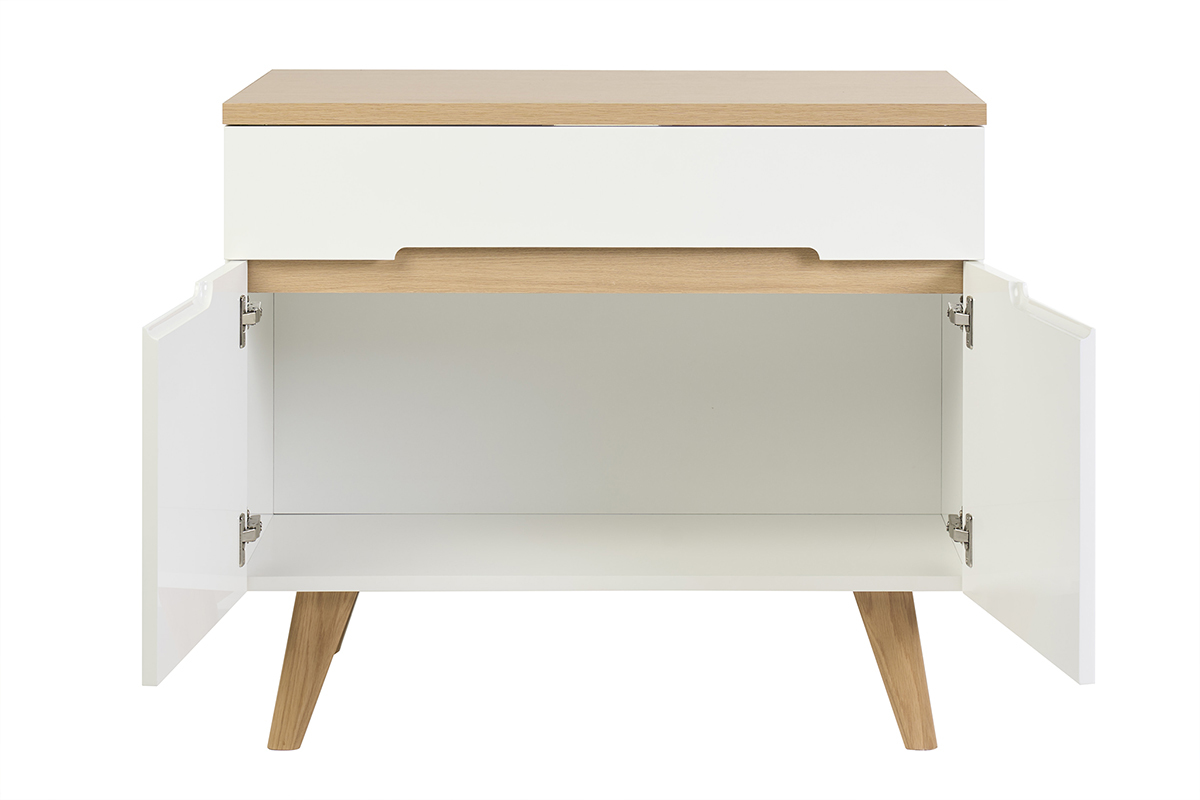 Mobile da bagno bianco laccato lucido con piano in legno chiaro, vista frontale, porte aperte.