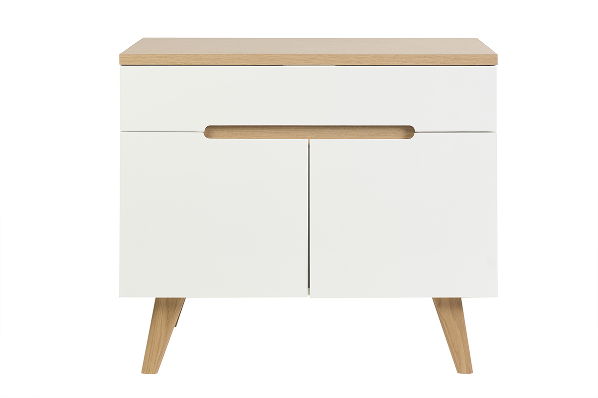 Mobile da bagno laccato bianco lucido e legno chiaro, vista frontale.