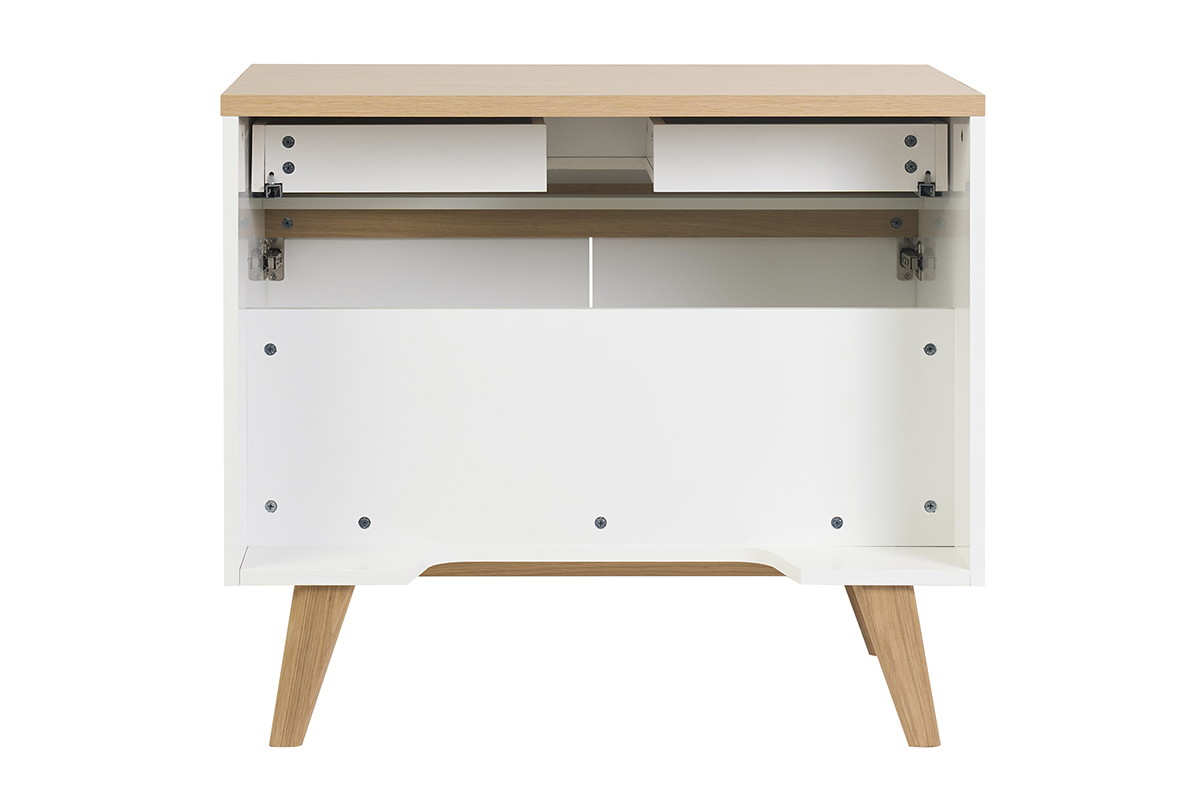 Mobile da bagno bianco laccato con piano in legno chiaro, vista posteriore, con cassetti aperti.