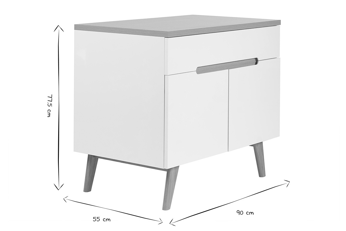 Dimensioni del mobile da bagno MELKA in nero e bianco, largo 90 cm, profondo 55 cm, alto 71,5 cm.