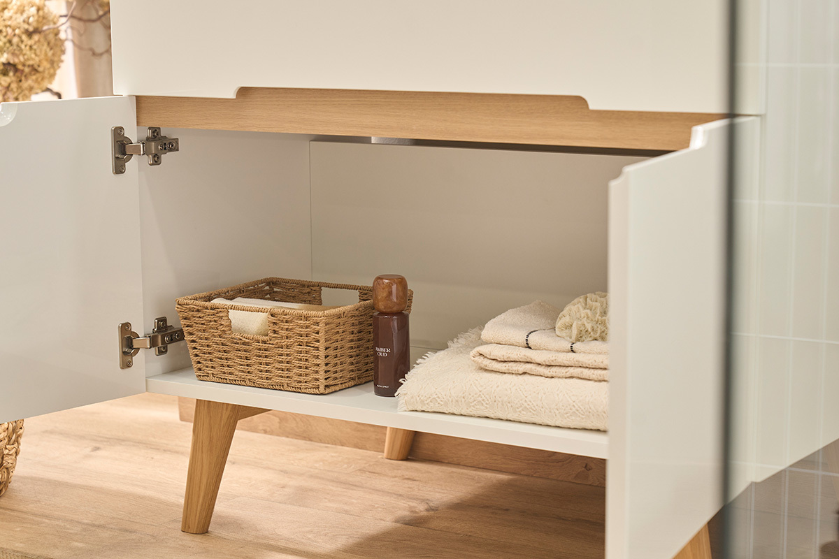 Mobile da bagno bianco laccato lucido e legno chiaro L90 cm MELKA