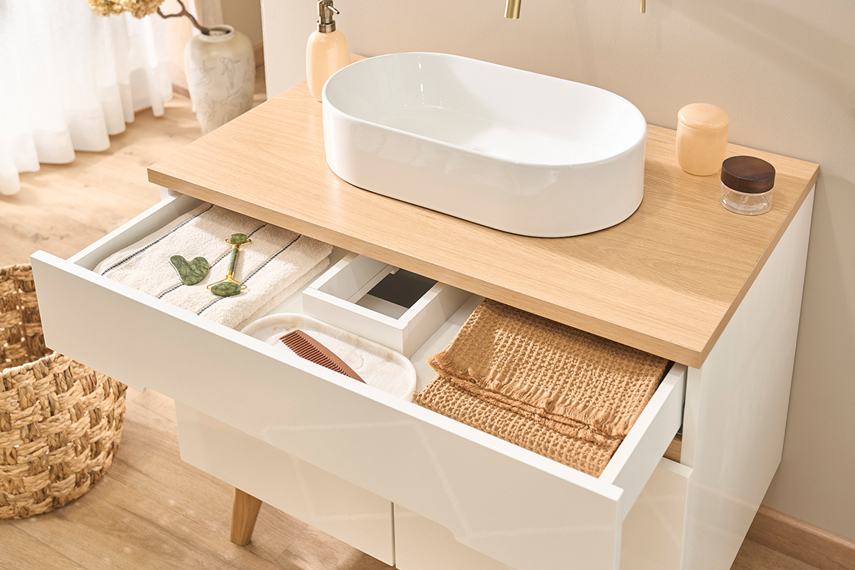 Mobile da bagno bianco laccato lucido e legno chiaro L90 cm MELKA