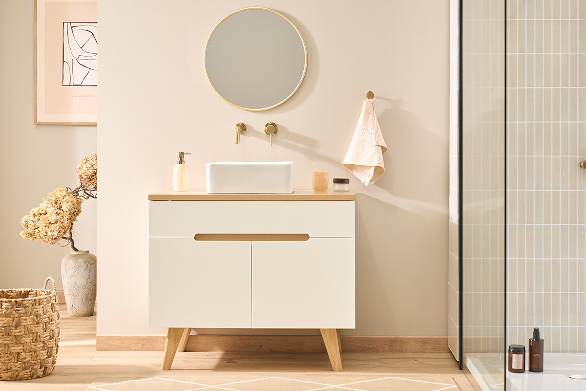 Mobile da bagno bianco laccato lucido e legno chiaro L90 cm MELKA