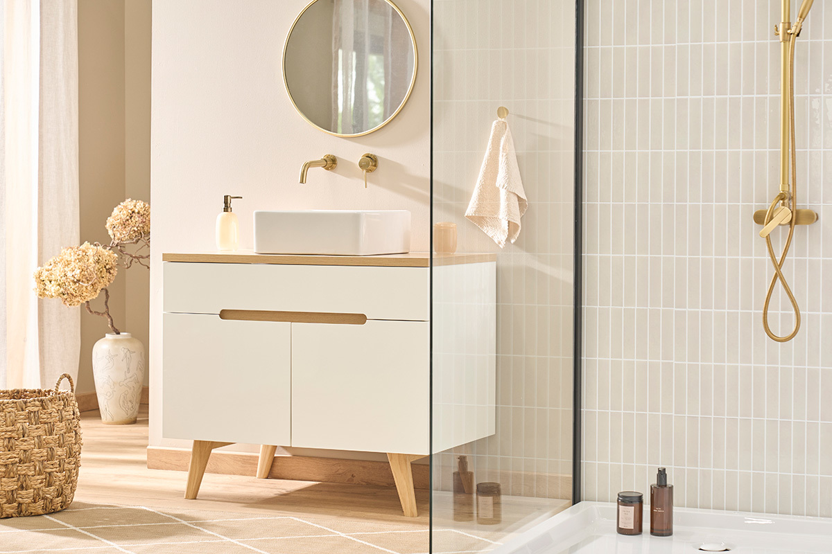 Mobile da bagno bianco laccato lucido e legno chiaro L90 cm MELKA