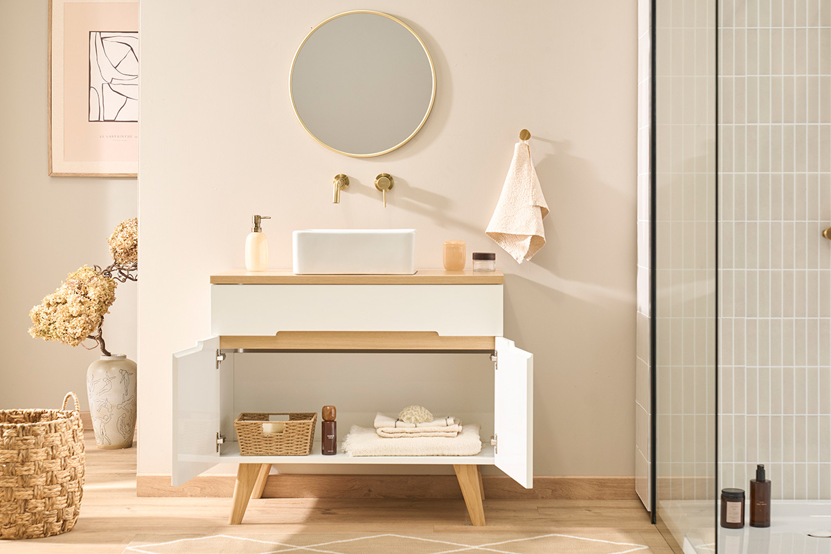Mobile da bagno bianco laccato lucido e legno chiaro L90 cm MELKA