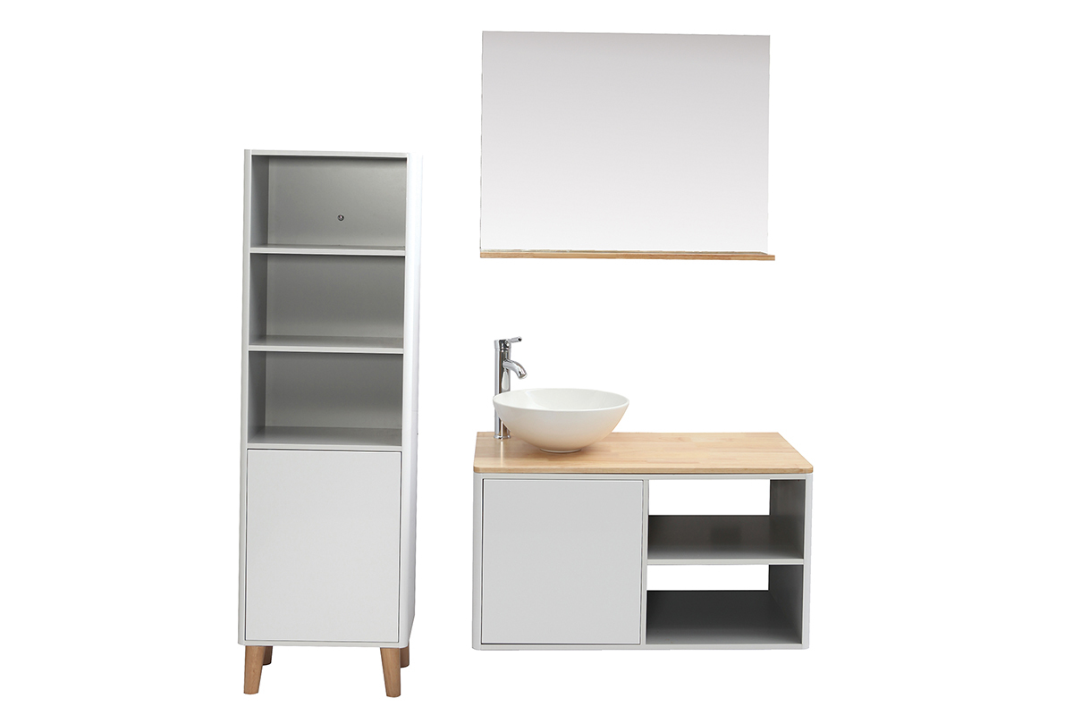 Mobile da bagno con colonna e specchio bianco e legno (senza lavandino) LATA
