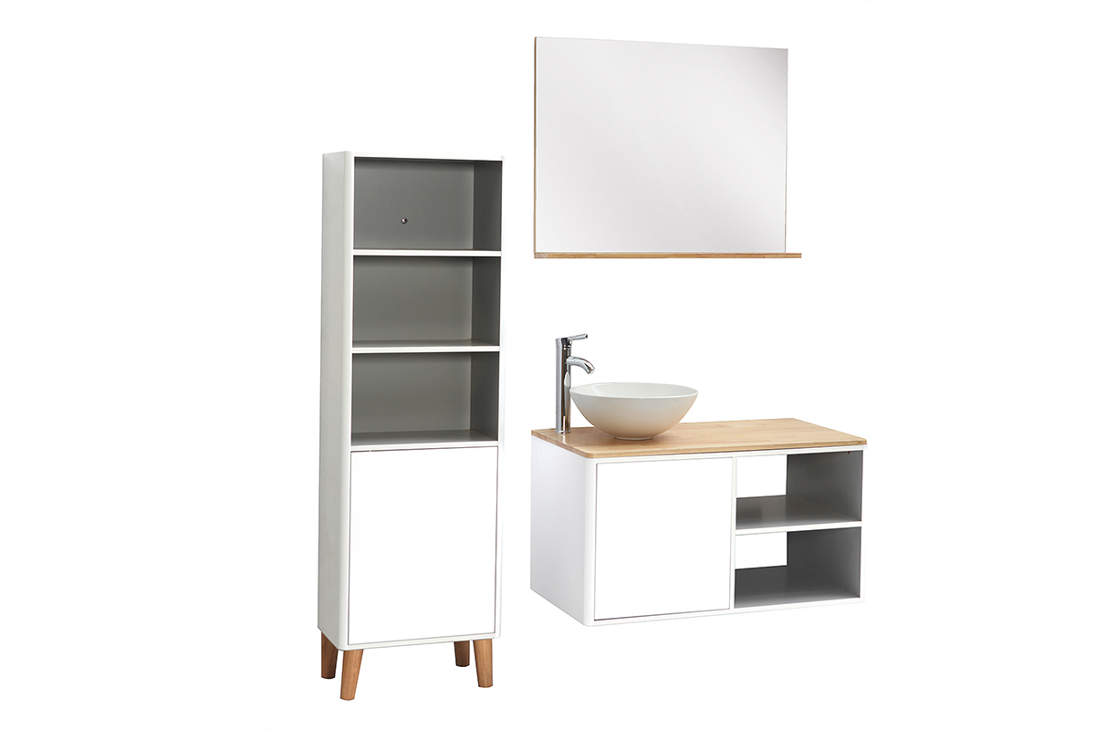 Mobile da bagno con colonna e specchio bianco e legno (senza lavandino) LATA