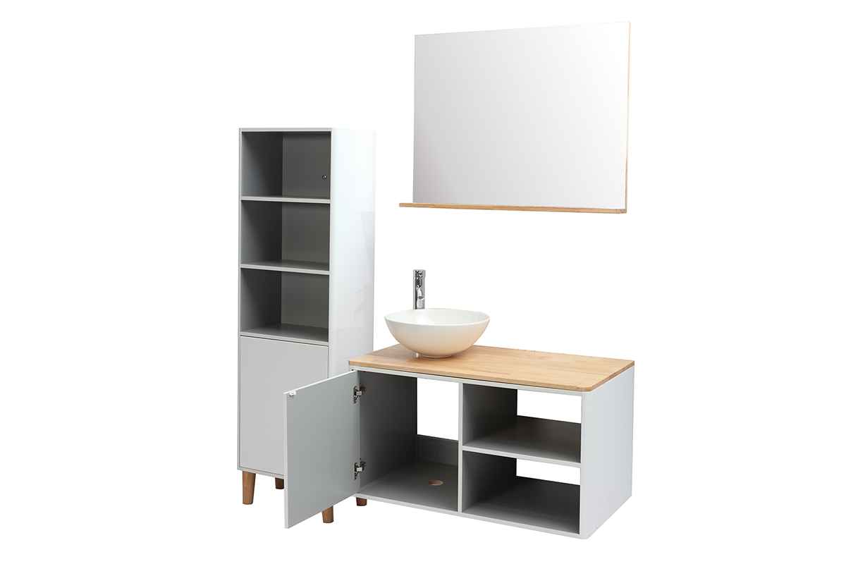 Mobile da bagno con colonna e specchio bianco e legno (senza lavandino) LATA