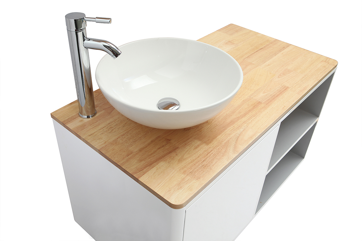 Mobile da bagno con colonna e specchio bianco e legno (senza lavandino) LATA