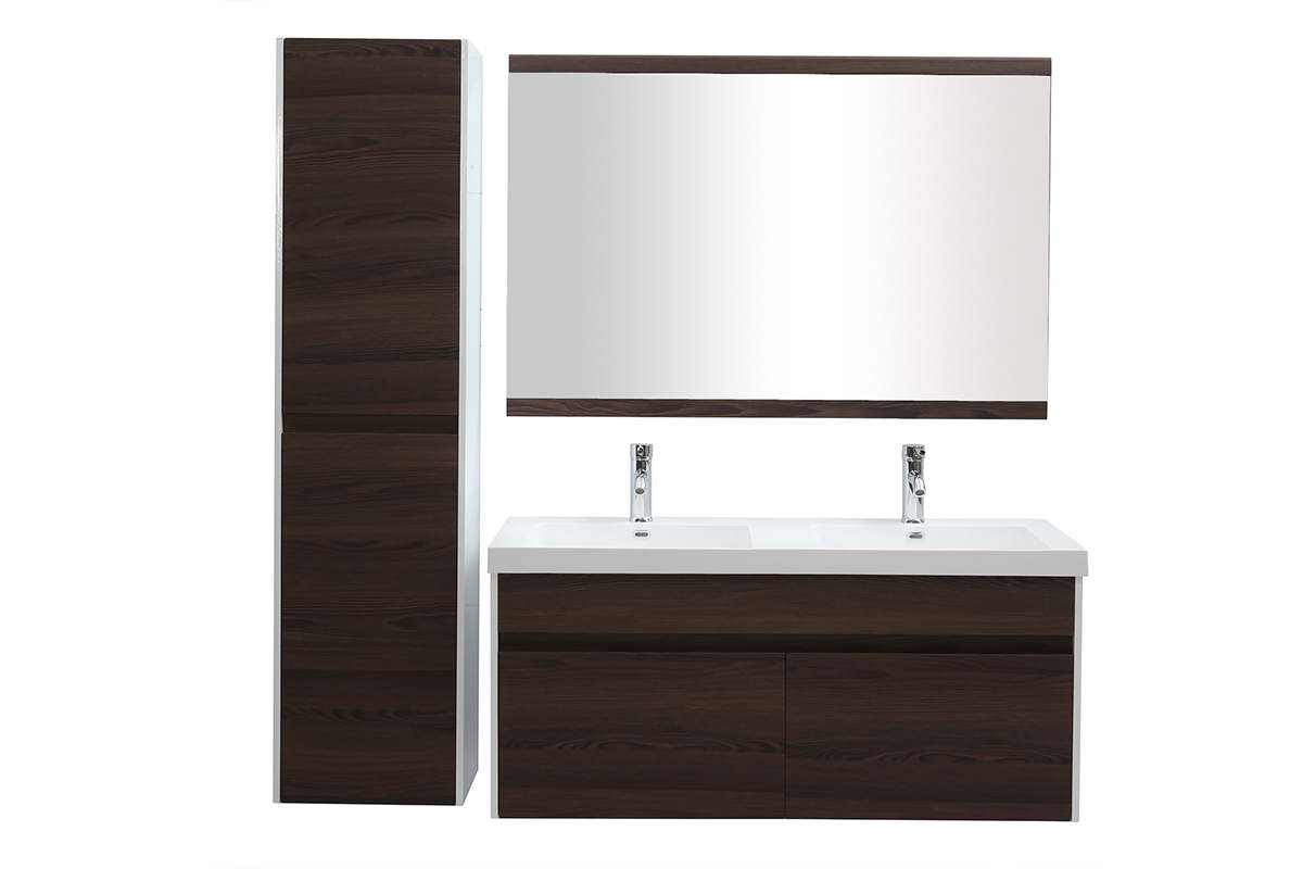 Mobile da bagno con doppio lavabo, specchio e nicchie bianco e legno scuro GANFO