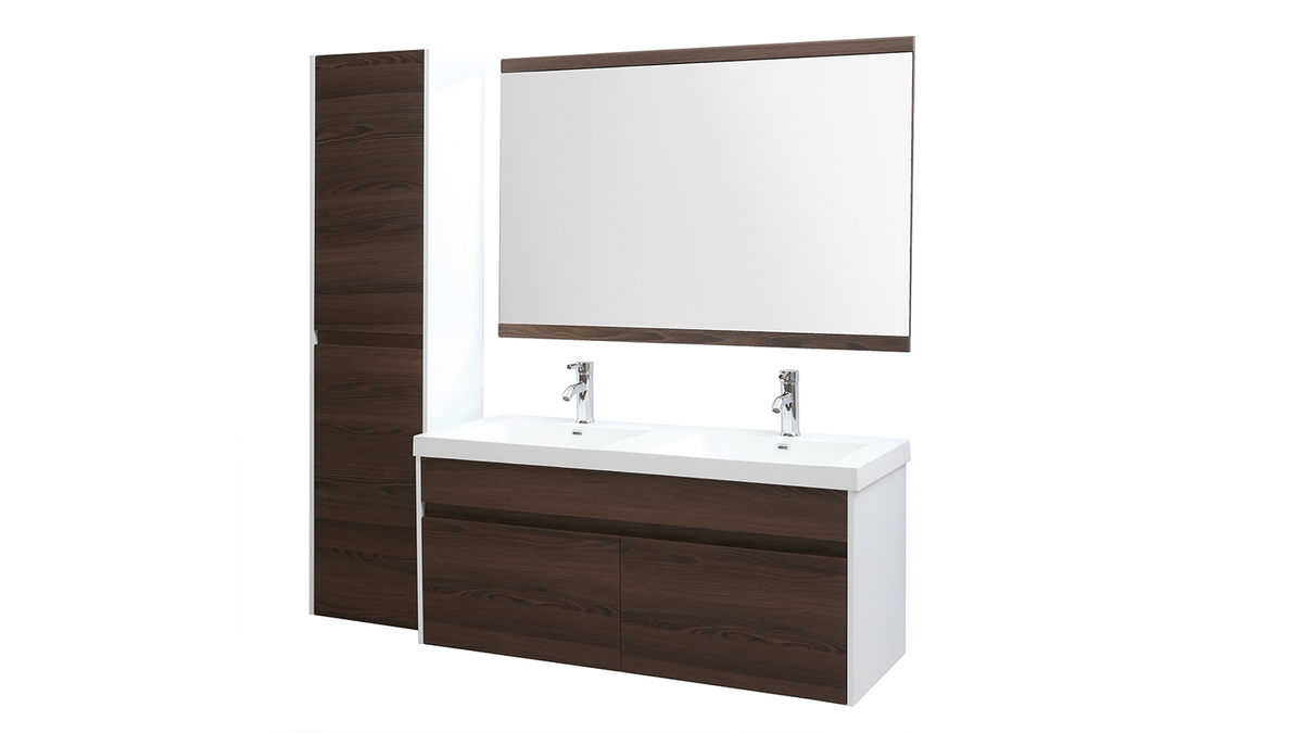 Mobile da bagno con doppio lavabo, specchio e nicchie bianco e legno scuro GANFO