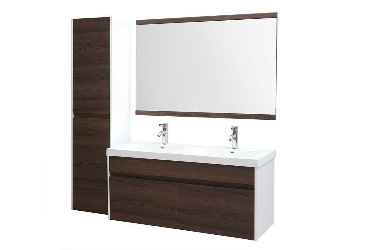 Mobile da bagno con doppio lavabo, specchio e nicchie bianco e legno scuro GANFO
