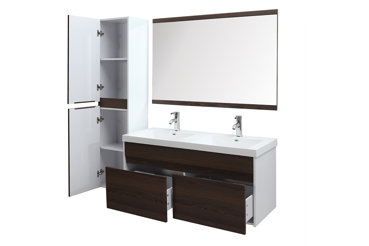 Mobile da bagno con doppio lavabo, specchio e nicchie bianco e legno scuro GANFO
