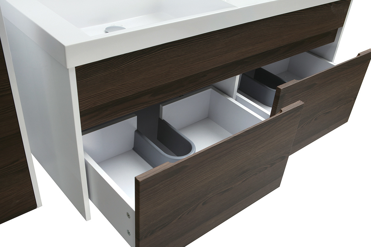 Mobile da bagno con doppio lavabo, specchio e nicchie bianco e legno scuro GANFO