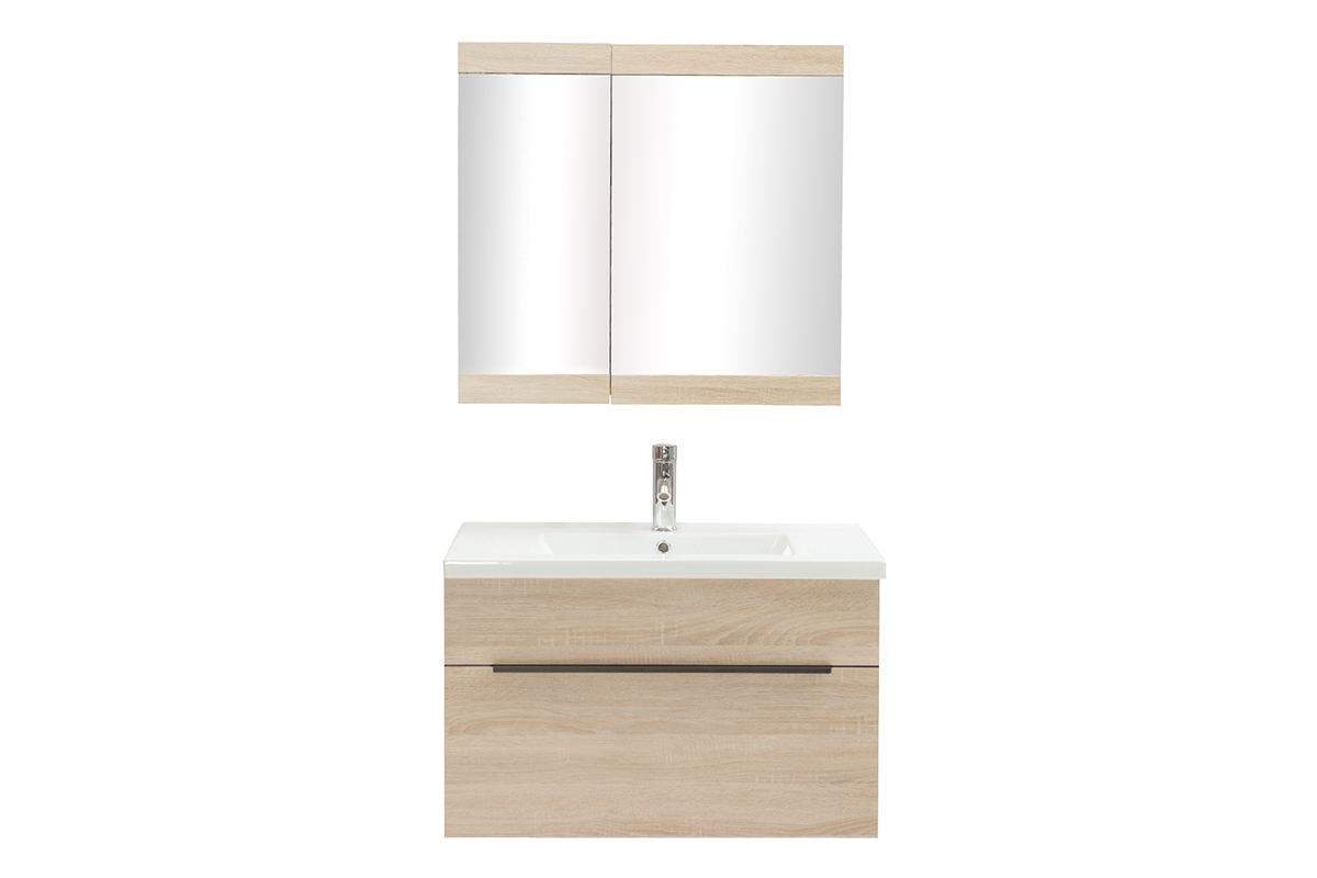 Mobile da bagno con lavabo, specchio e cassetti legno chiaro SEASON