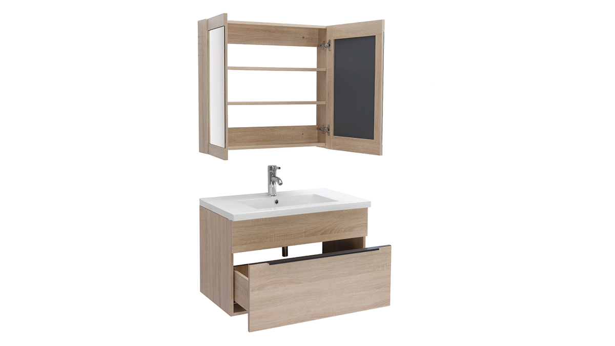 Mobile da bagno con lavabo, specchio e cassetti legno chiaro SEASON