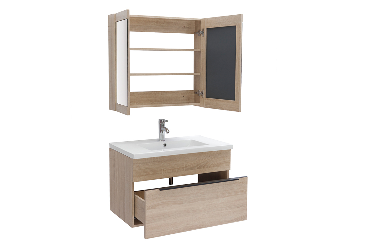 Mobile da bagno con lavabo, specchio e cassetti legno chiaro SEASON