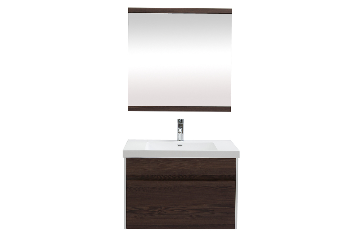 Mobile da bagno con vasca specchio e cassetti bianco e legno scuro GANFO