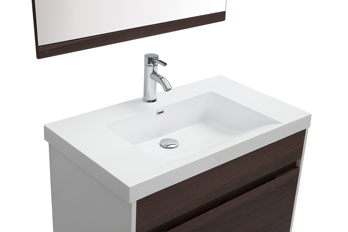 Mobile da bagno con vasca specchio e cassetti bianco e legno scuro GANFO