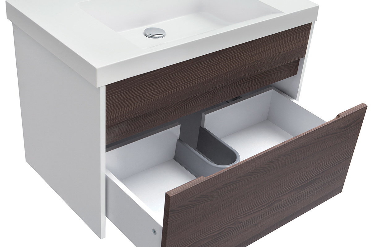 Mobile da bagno con vasca specchio e cassetti bianco e legno scuro GANFO