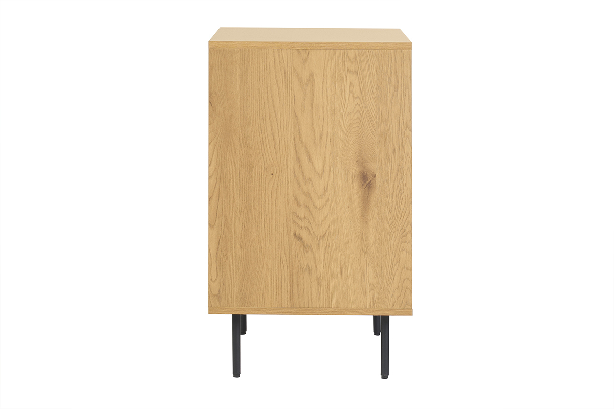 Mobile da bagno in legno chiaro rovere e metallo nero, vista di profilo, con gambe sottili.