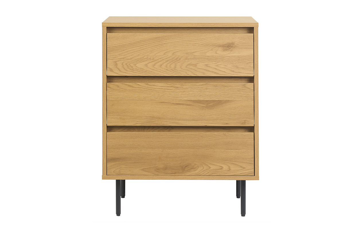 Mobile da bagno in legno chiaro effetto rovere e metallo nero con tre cassetti, vista frontale.