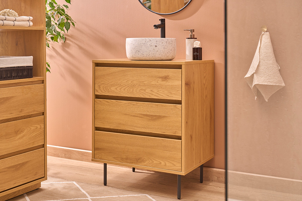 Mobile da bagno finitura legno chiaro rovere e metallo nero L60 cm ARAGON