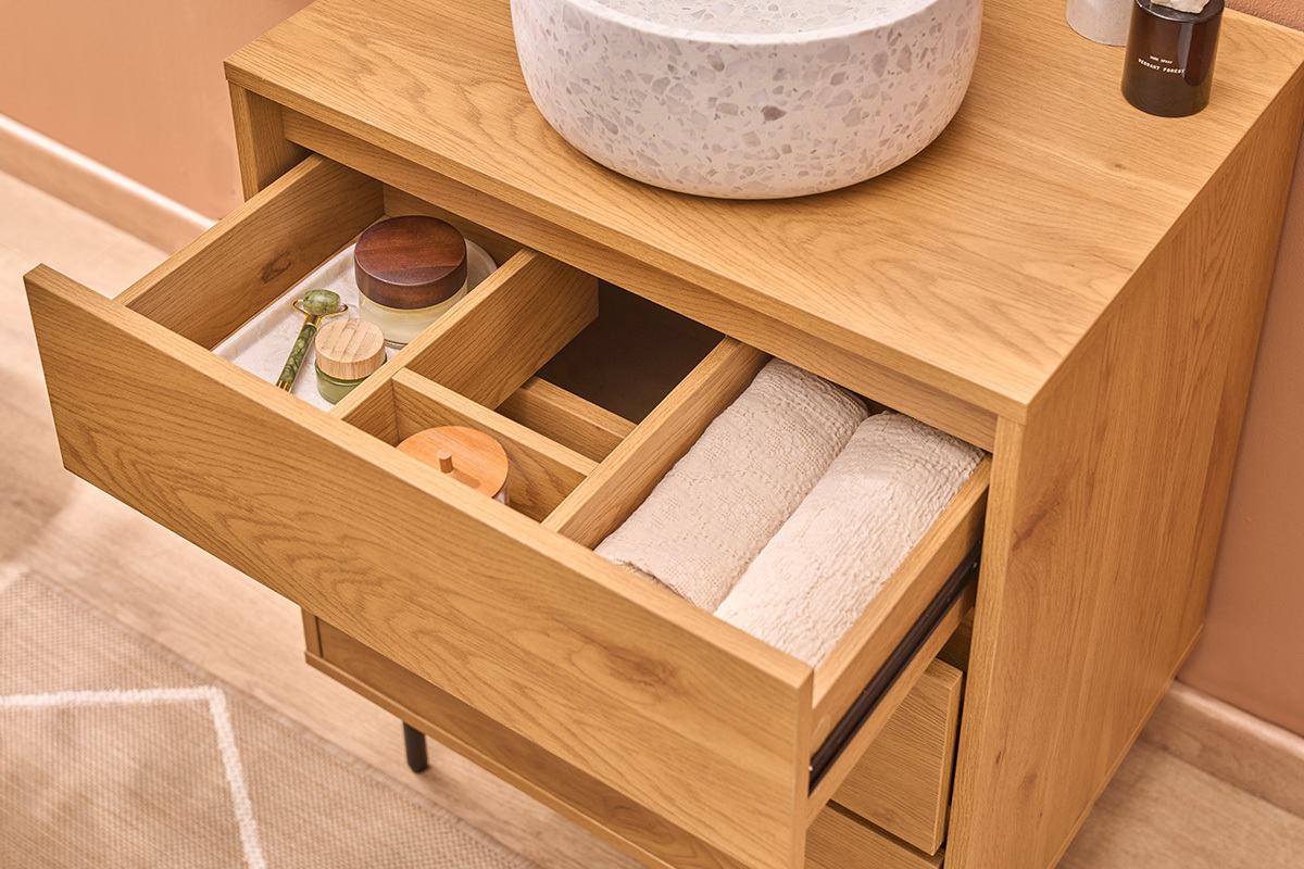 Mobile da bagno finitura legno chiaro rovere e metallo nero L60 cm ARAGON