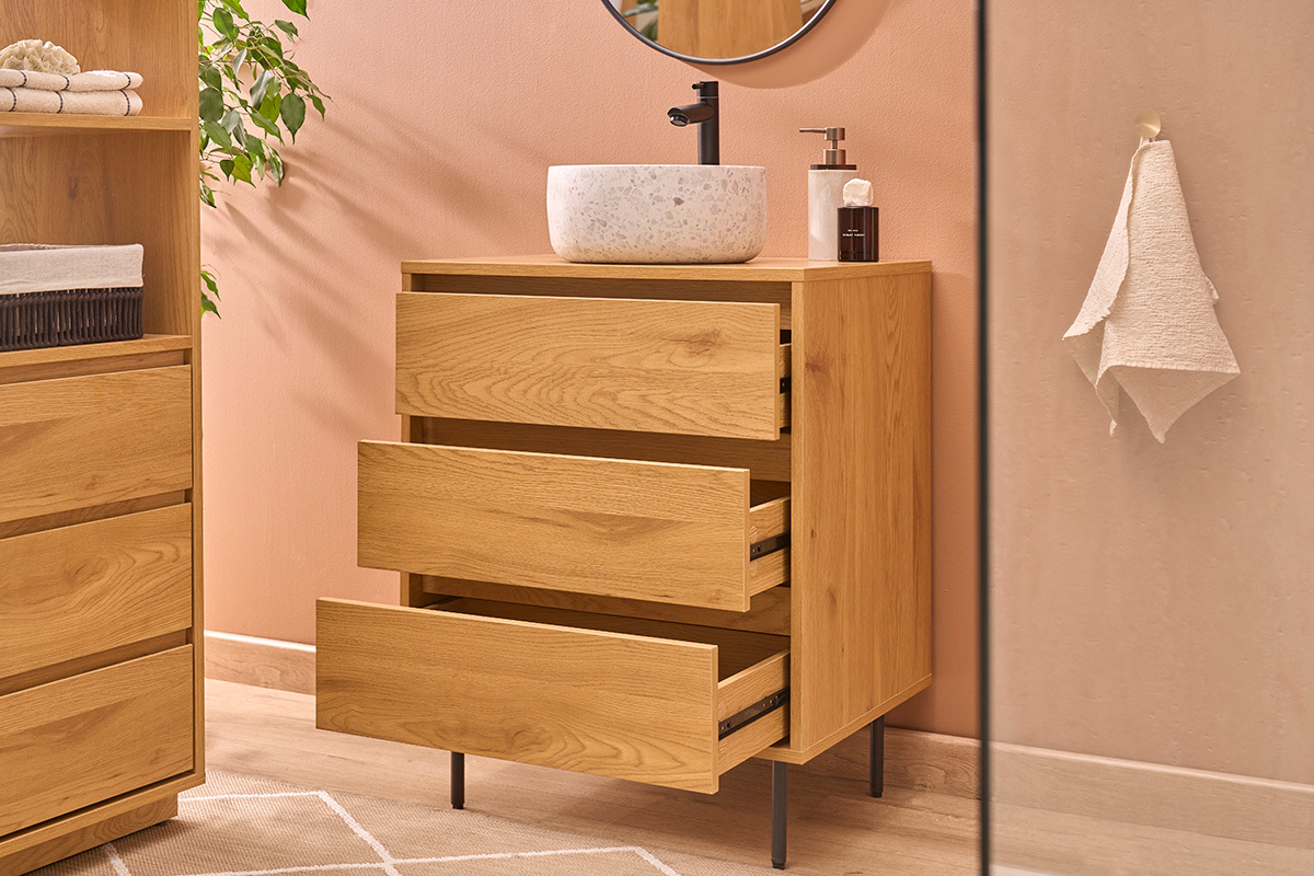 Mobile da bagno finitura legno chiaro rovere e metallo nero L60 cm ARAGON