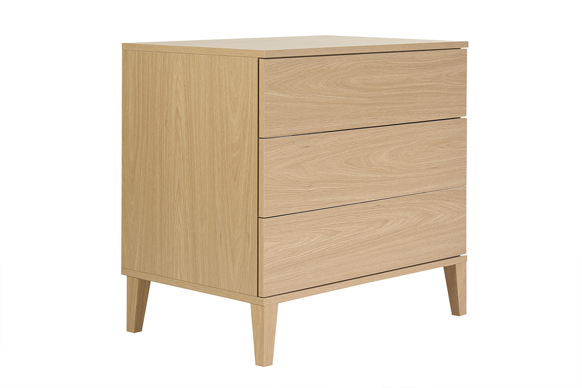 Mobile da bagno finitura in legno di rovere L80 cm con tre cassetti, vista a tre quarti.