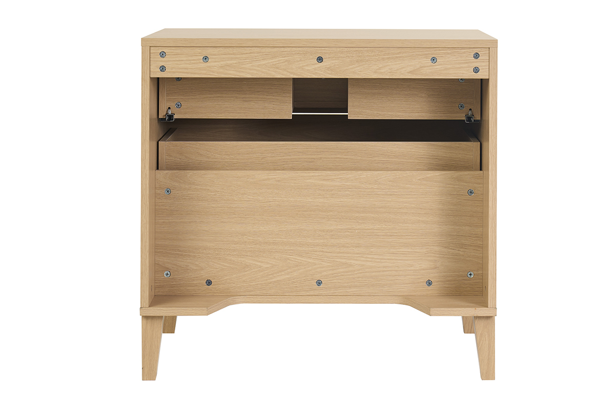 Mobile da bagno FREDDY finitura effetto rovere, vista posteriore con cassetti aperti.