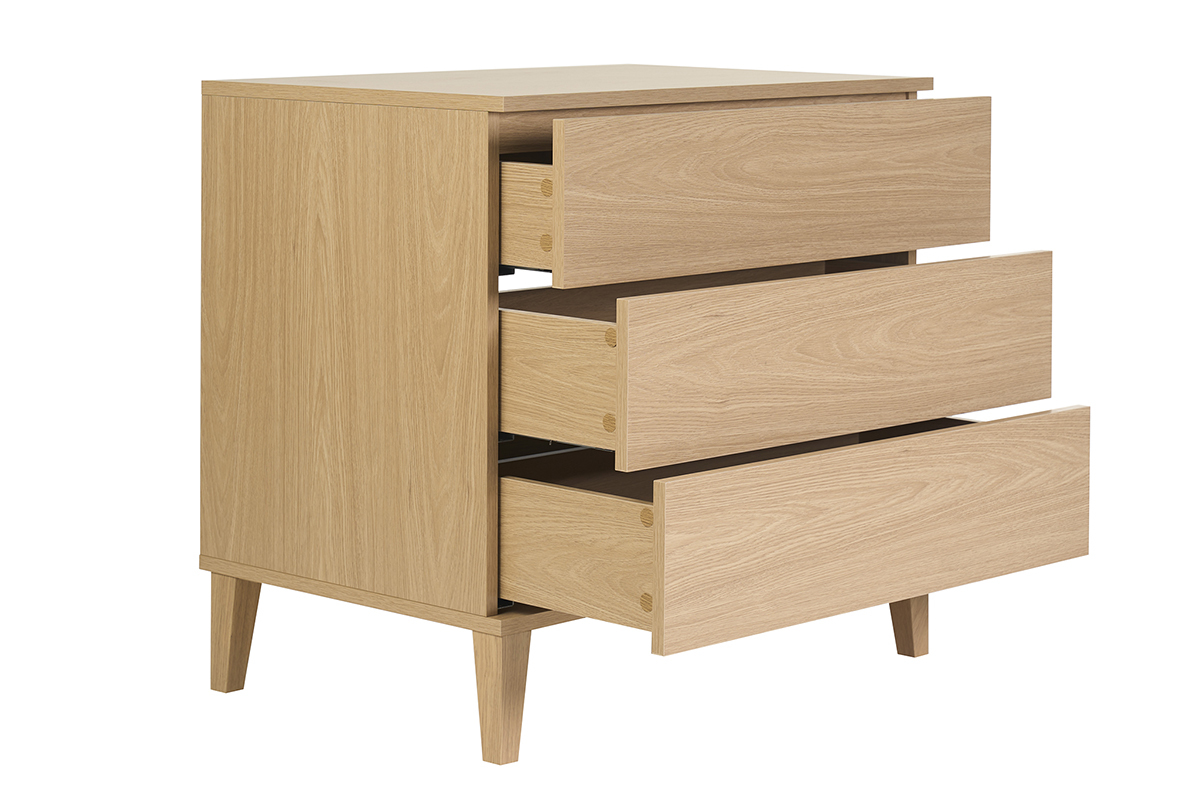 Mobile da bagno finitura legno quercia, vista a 3/4 con tre cassetti aperti.