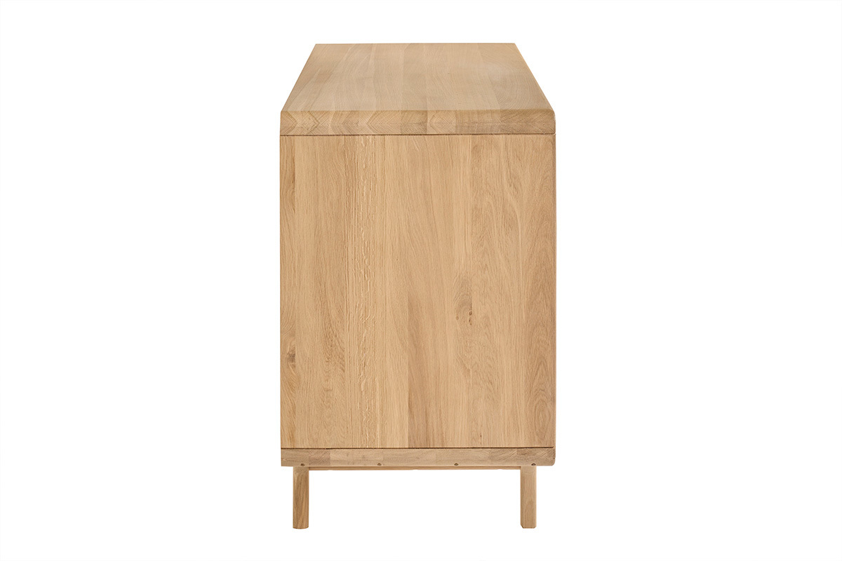 Mobile da bagno in legno massello di rovere, vista laterale, design scandinavo con piedini affusolati.