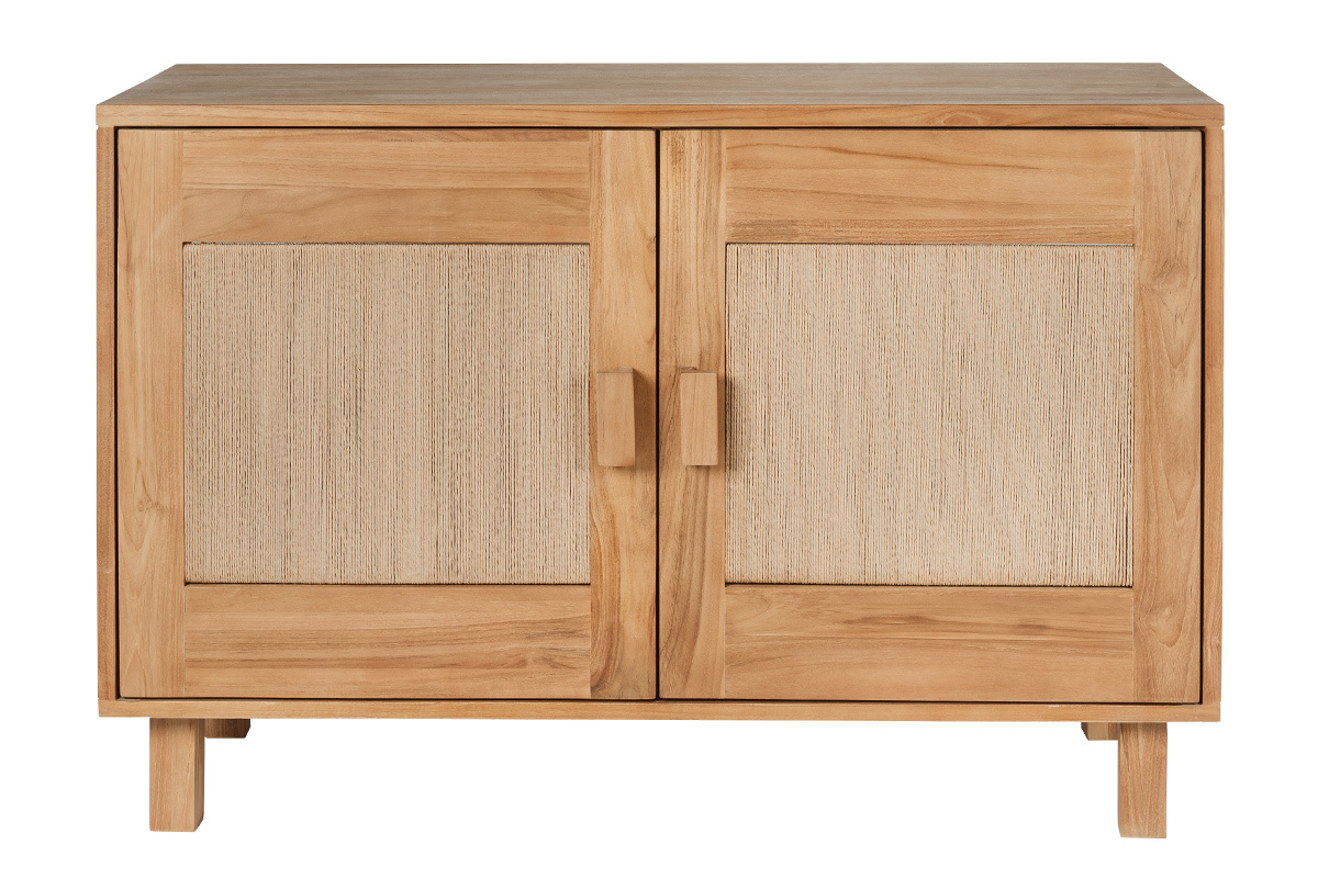 Mobile da bagno in legno di teak massiccio e corda intrecciata, vista frontale con due ante.