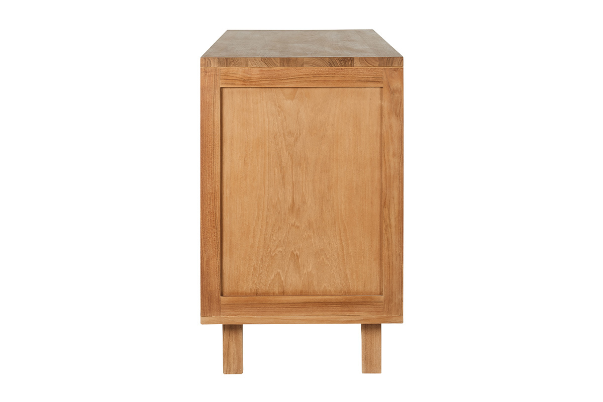 Mobile da bagno in legno massello di teak con corda intrecciata, vista laterale, dimensioni L120 cm.