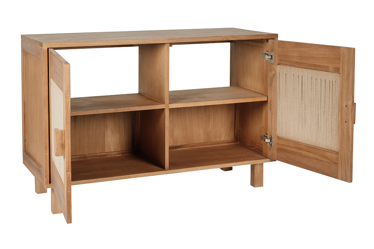Mobile da bagno in legno massello di teak e corda intrecciata, aperto, con vani portaoggetti.