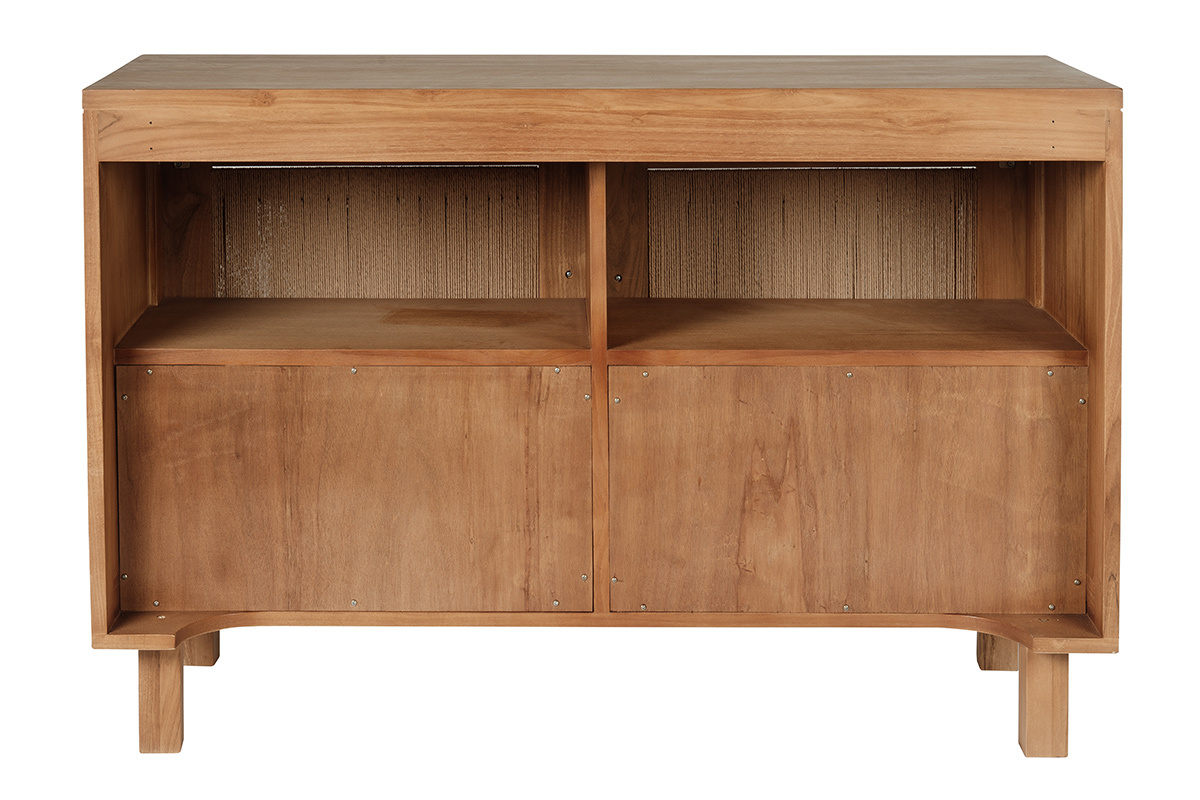 Mobile da bagno in legno massello di teak e corda intrecciata, vista posteriore, con due vani portaoggetti aperti.