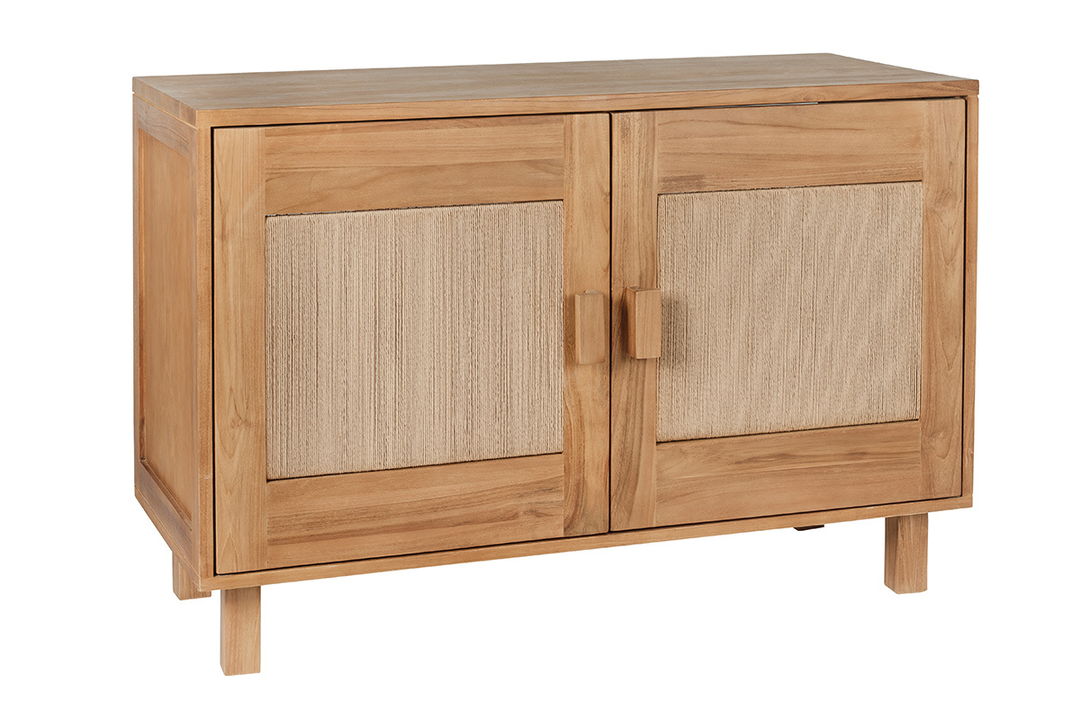 Mobile da bagno in legno massello di teak e corda intrecciata, vista a 3/4.