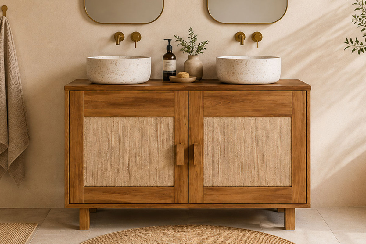 Mobile da bagno in teak massello con corda intrecciata, vista frontale, due lavabi, decorazione naturale.