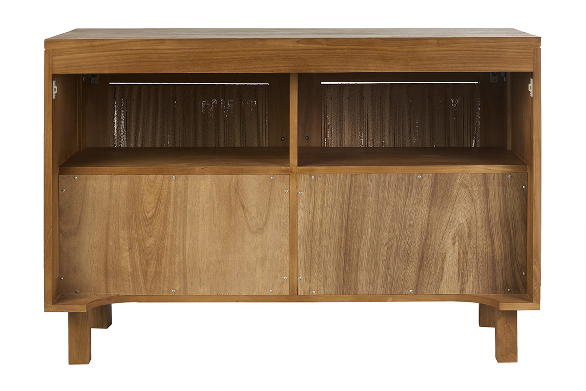 Mobiletto da bagno in legno massello di teak e corda intrecciata, vista posteriore, con due vani contenitori.